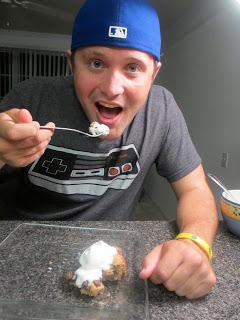 A delicious chocolate chip blondie that is simple to make! A man eating a scoop of ice cream.