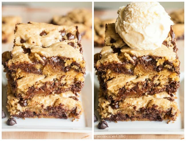 A delicious chocolate chip blondie that is simple to make! First photo is Bongo Bars stacked on one anther and the second photo is the same but with a scoop of ice cream on top.