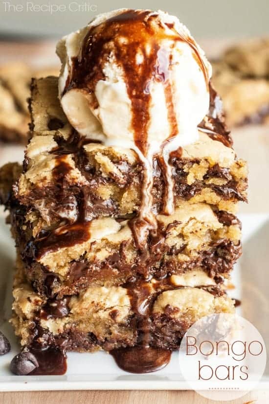 A delicious chocolate chip blondie that is simple to make! Bongo Bars stacked on one another with a scoop of ice cream on topl.