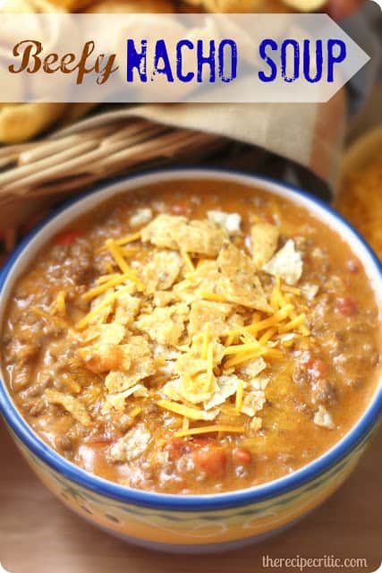 This soup was so yummy! I couldn't wait to come home from being busy all day and eat this delicious soup with my family. This was a hit! Beefy nacho soup with tortillas on top.