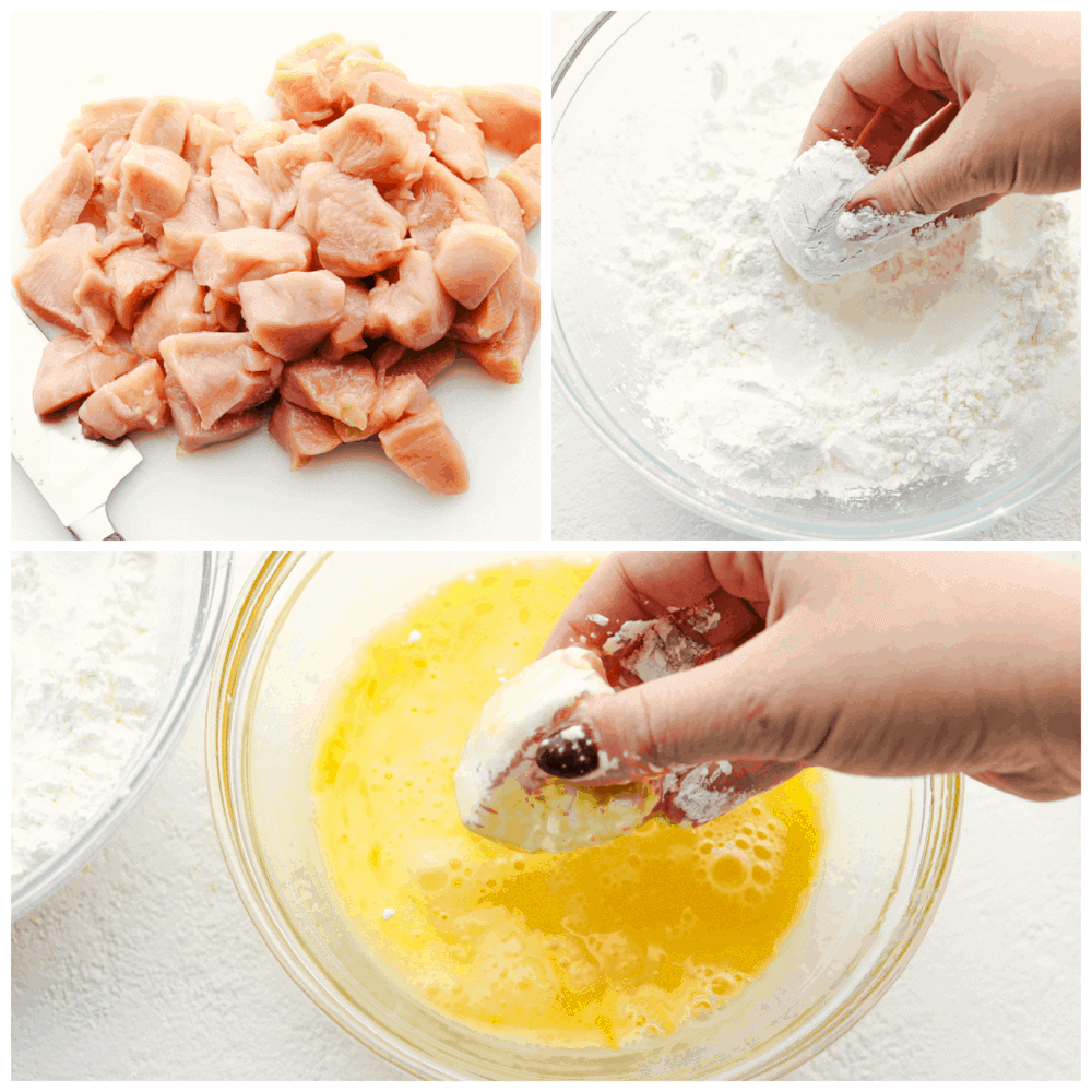 Sesame Chicken is sweet, savory, and perfect for any night of the week. This is so good, it is even better than take out! Cut up chicken, breading it and dipping it in egg mixture.