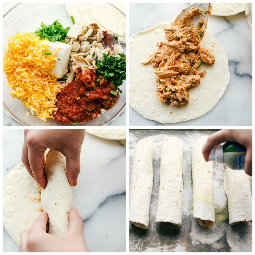 Cream cheese chicken taquitos are filled with a tender chicken mixture with cheese sprinkled over top then rolled in a flour tortilla and baked to perfection. These taquitos are a family favorite! The process of making chicken taquitos. First photo on the left hand corner is all the filling ingredients in one glass bowl, The upper righthand corner is the chicken filling mixed together then laid in the flour tortilla in the middle. The bottom left hand corner the tortilla is being rolled up. The bottom right hand corner the rolled up tortillas are being sprayed on top.