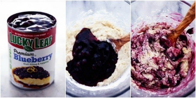 An amazingly moist muffin bread filled with blueberry pie filling. Topped with a crumb topping and drizzled in a lemon glaze this bread is incredible! LuckyLeaf blueberry pie filling being mixed into the batter for the bread.