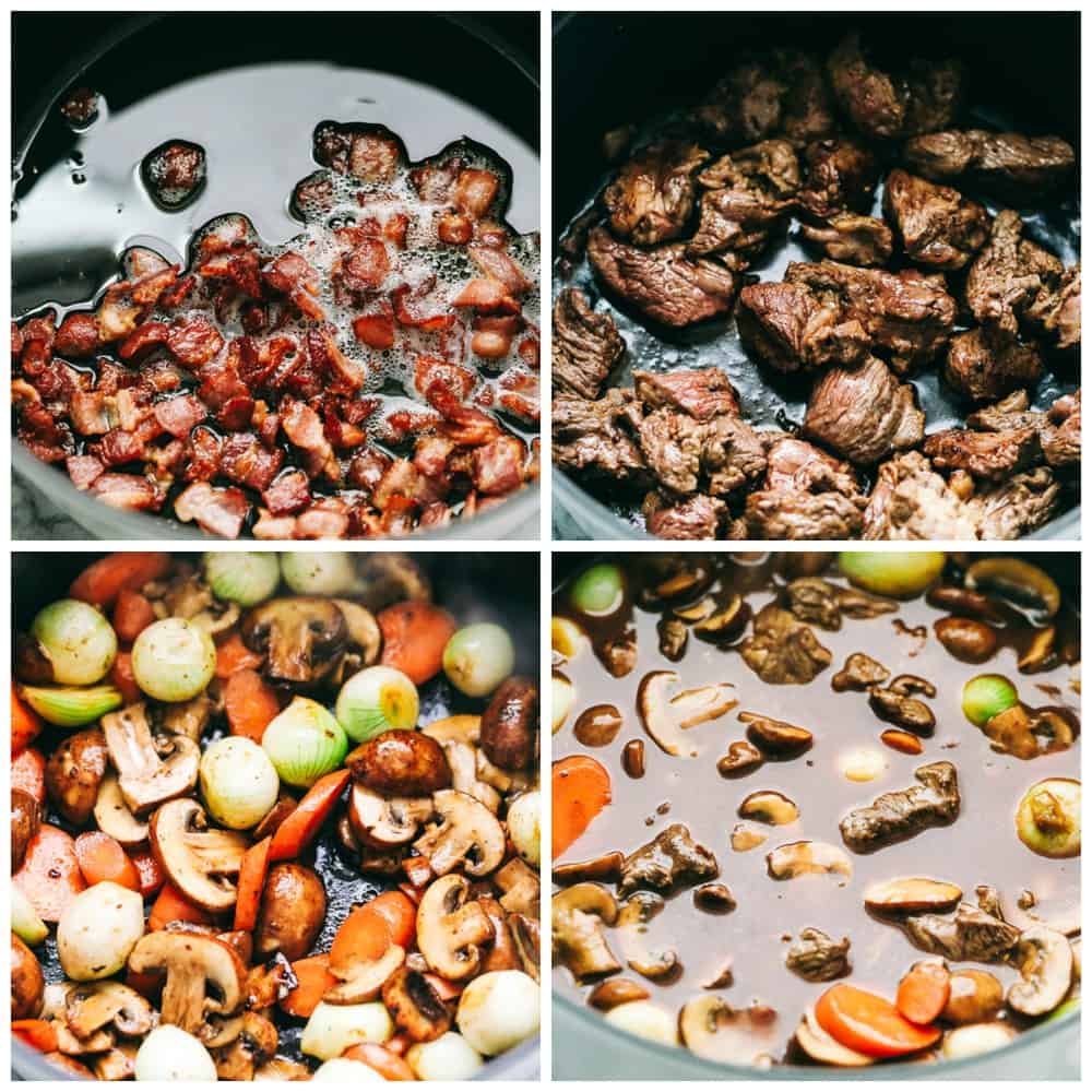 Beef Bourguignon is a French classic made with melt in your mouth beef, mushrooms, carrots, and red wine and is cooked to perfection in the most delicious rich sauce. A hearty and comforting meal that you will make again and again! Steps to make Beef Bourguignon.