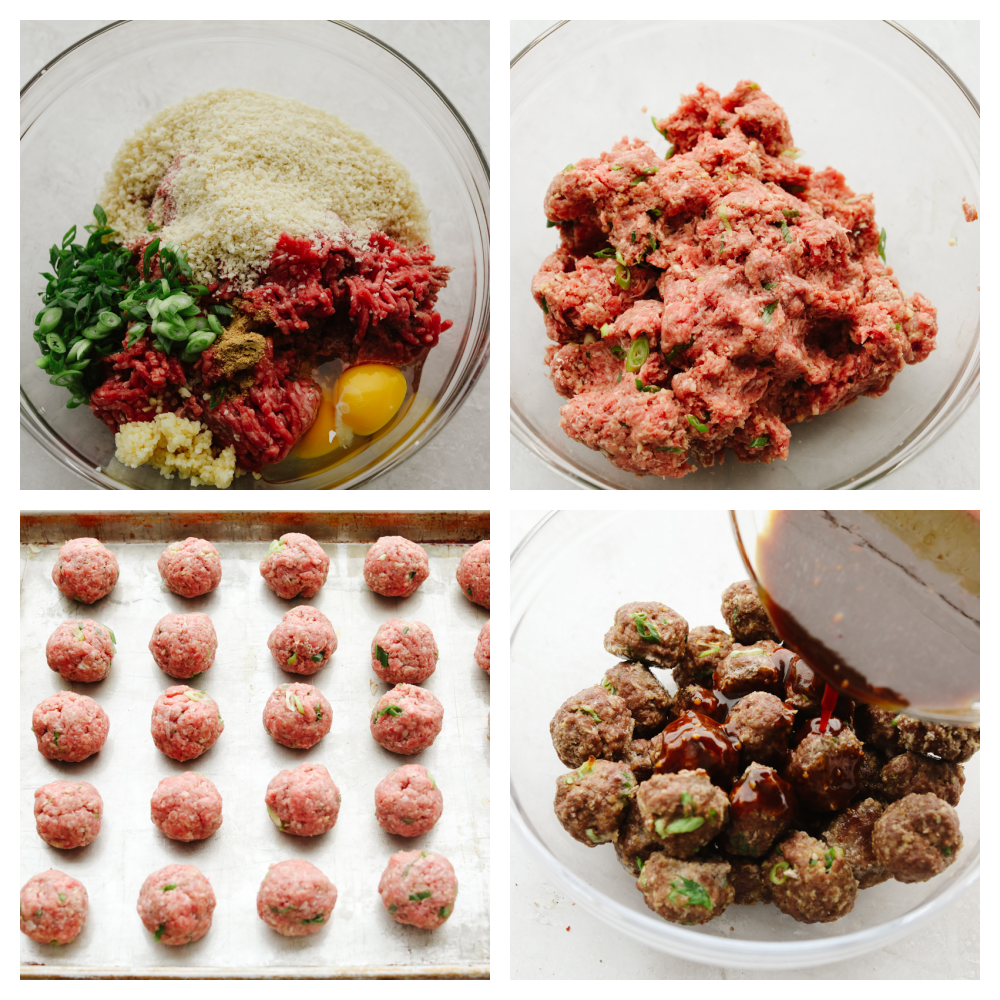 These saucy Asian meatballs are the perfect blend of flavors and are drenched in the most insanely delicious sauce! Perfect for dinner or even an appetizer, they will certainly get a "WOW!" at your next get-together! 4 pictures showing steps on how to make and form meatballs.